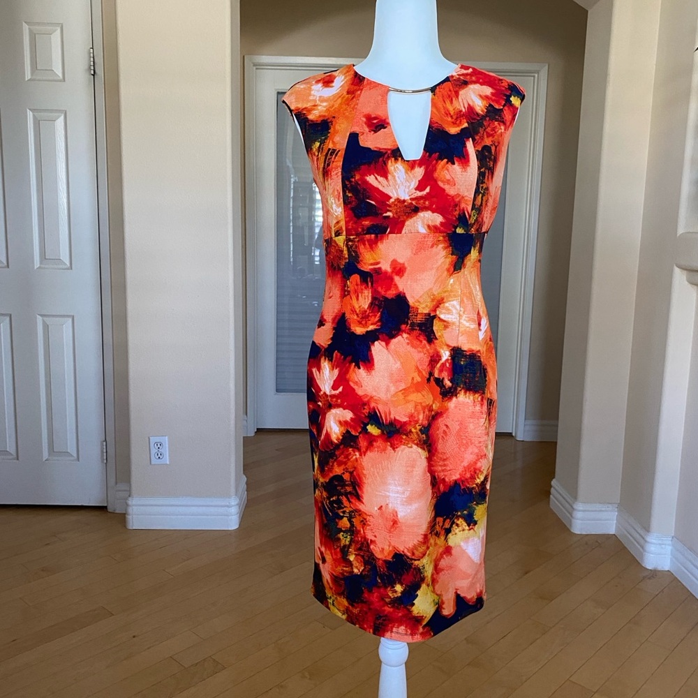 Vibrant Orange and Red Sheath Dress Plunge Neckline Midi
